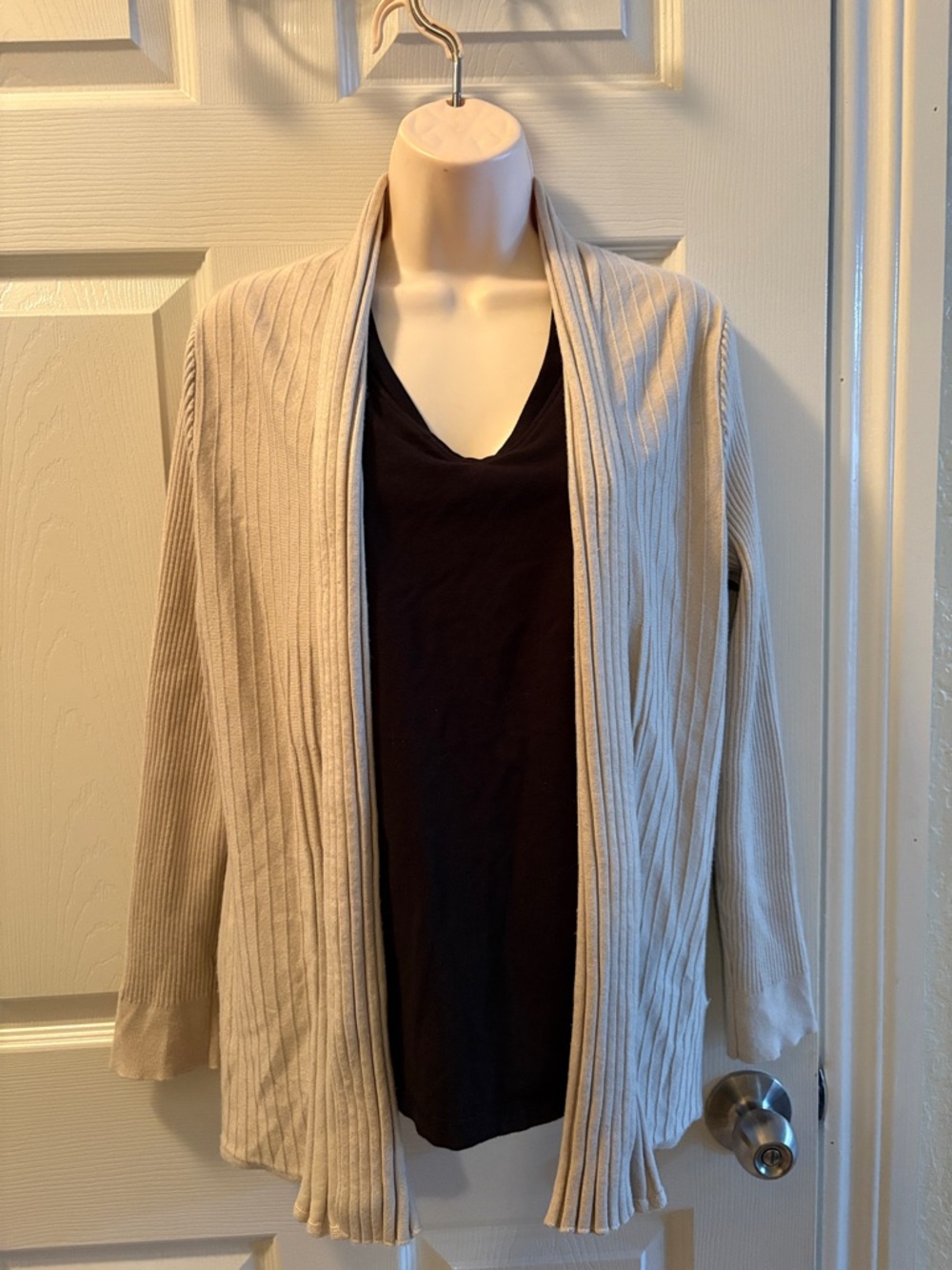 Open-Front Ribbed Knit Cardigan in Beige